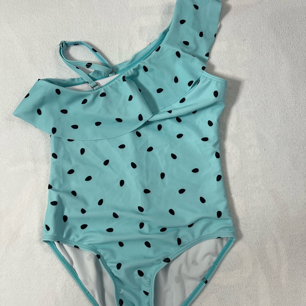 SHEIN Kids Swim One Piece in Aqua with Black Dots and Skirt